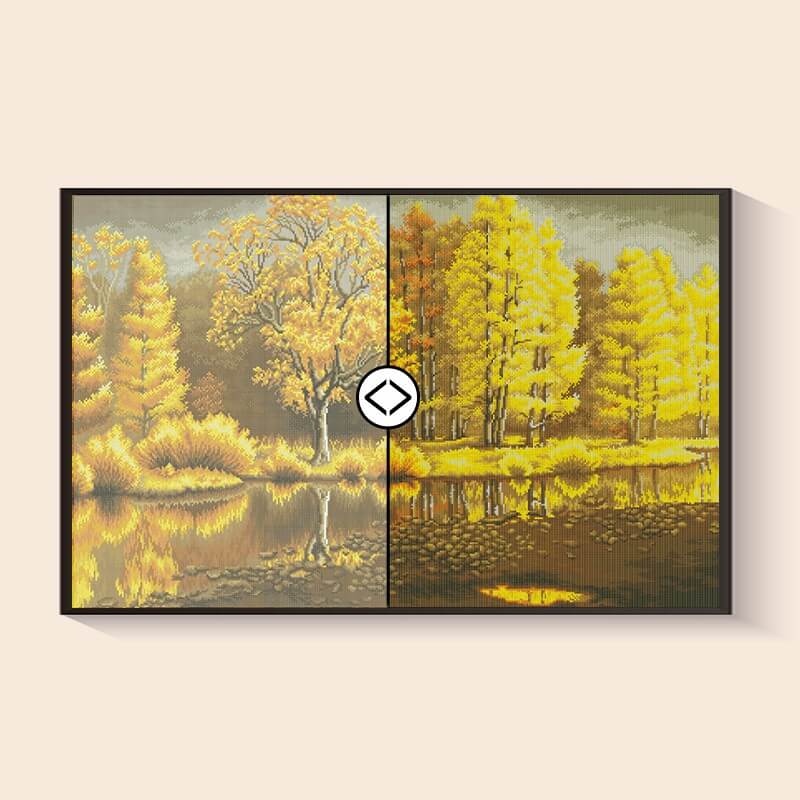 Before and after comparison – Golden Reflection Autumn Landscape Diamond Art Kit | DYC