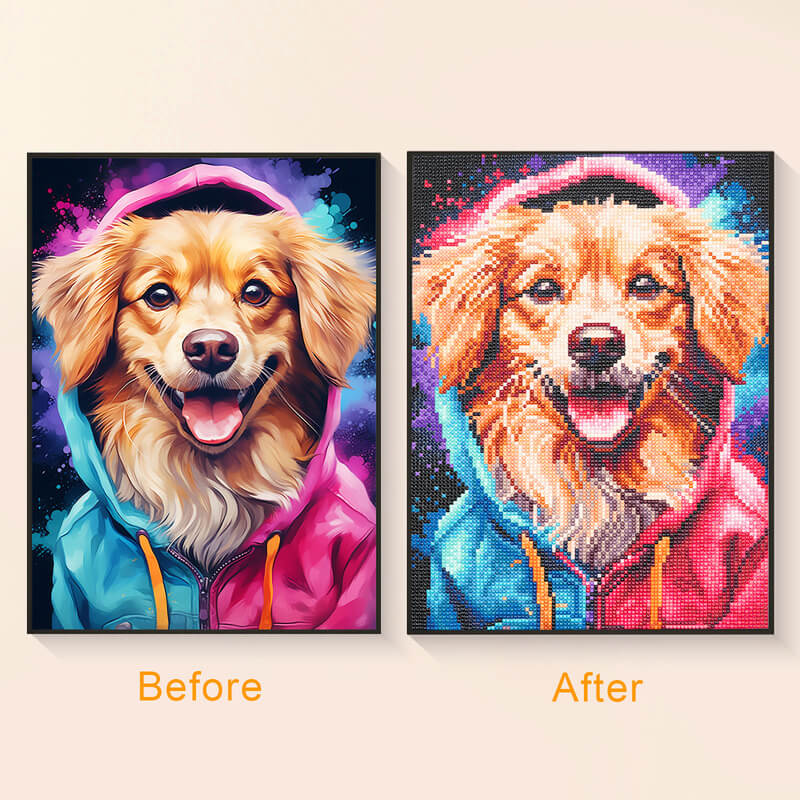 Before and after Golden Retriever dog diamond art kit DYC