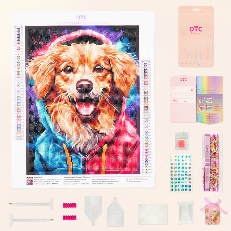 Complete Golden Retriever dog diamond painting kit with tools DYC