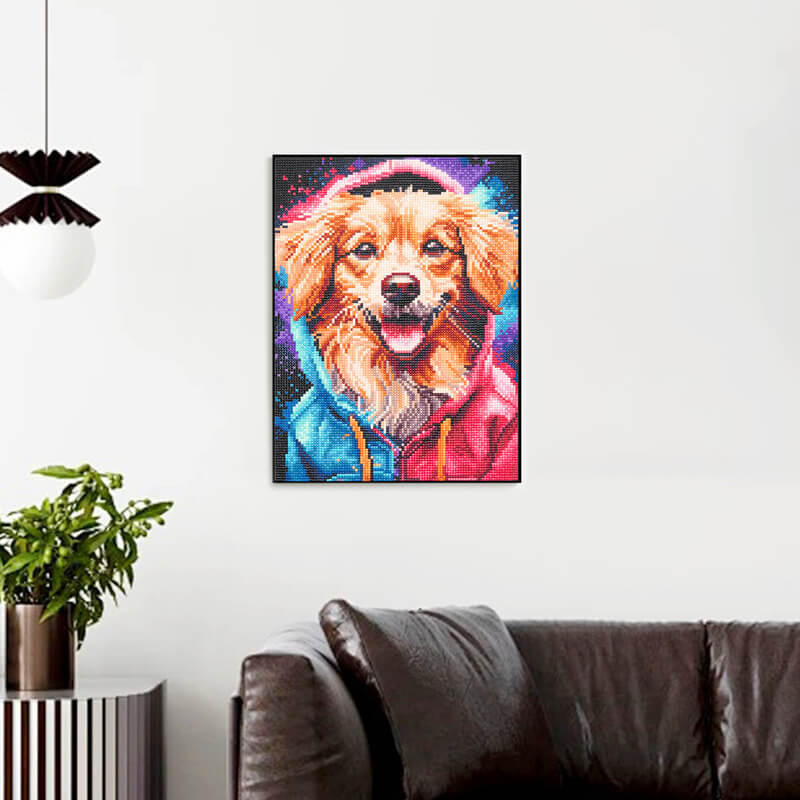 Golden Retriever dog diamond art kit displayed as colorful wall décor DYC