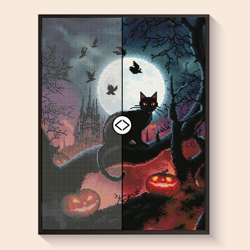 Original photo vs finished Halloween Cat diamond art – DYC