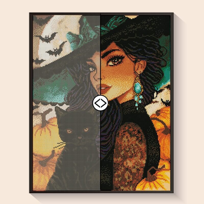 Original photo vs finished Halloween diamond art – DYC