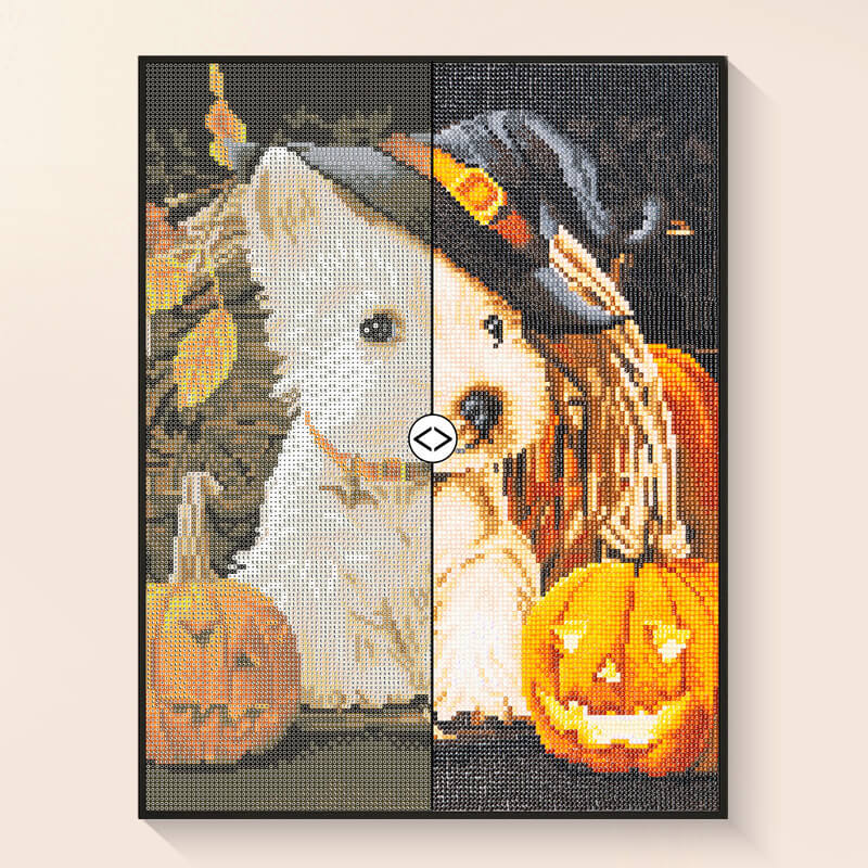 Original photo vs finished Halloween puppy diamond art – DYC