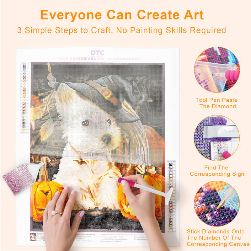 Step-by-step drilling process for Halloween puppy diamond painting – DYC