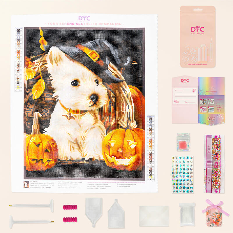 Complete diamond painting kit – Halloween puppy with pumpkins – DYC