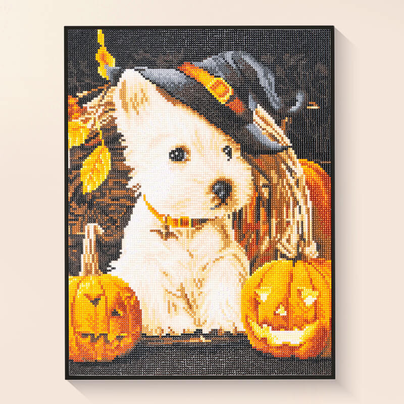 Halloween puppy diamond painting kit – Pumpkin dog art by DYC