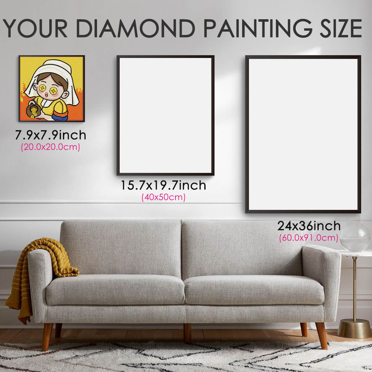 Diamond painting size guide – small to large Happy Little Rich Woman kit