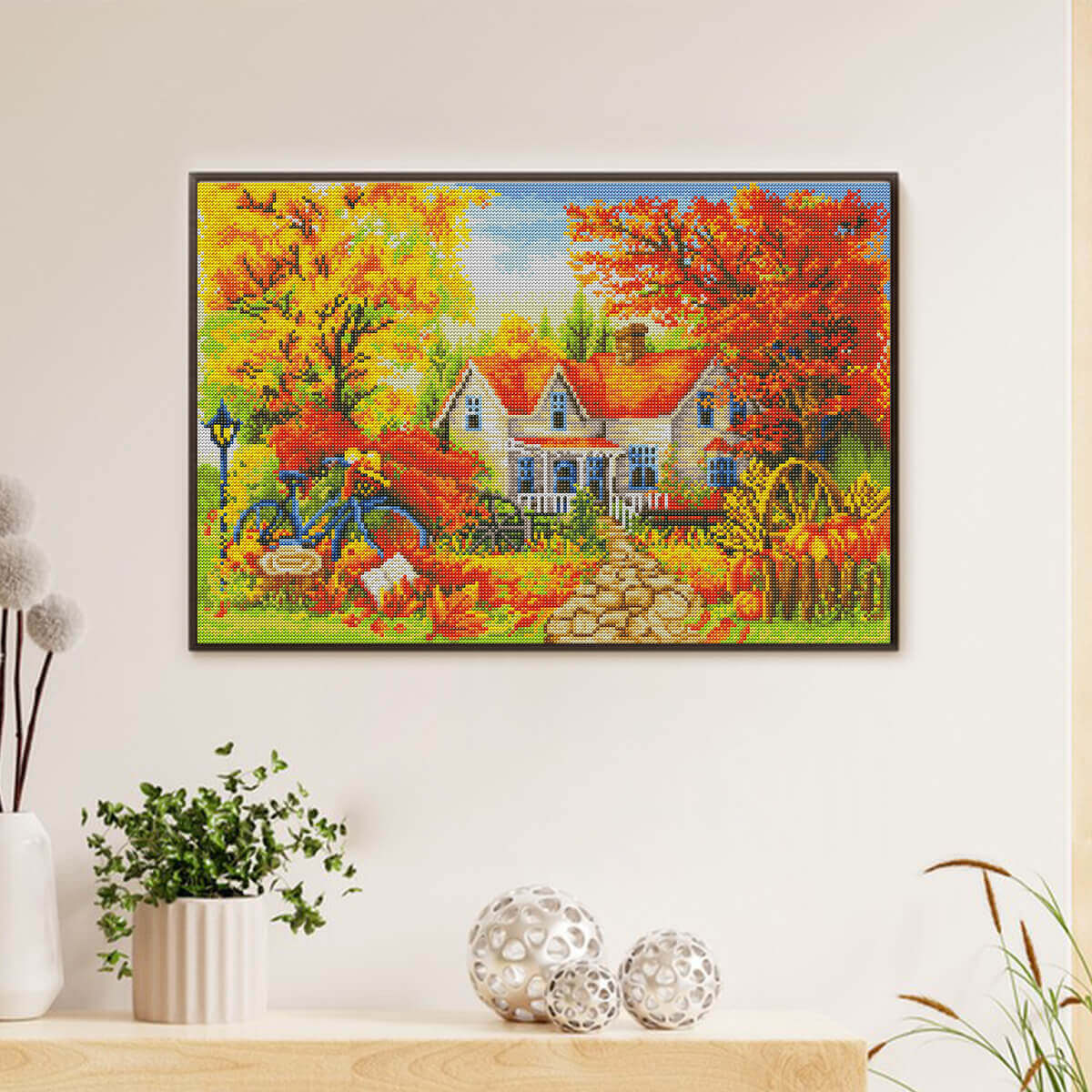 Wall decor scene with autumn landscape diamond painting harvest path cottage