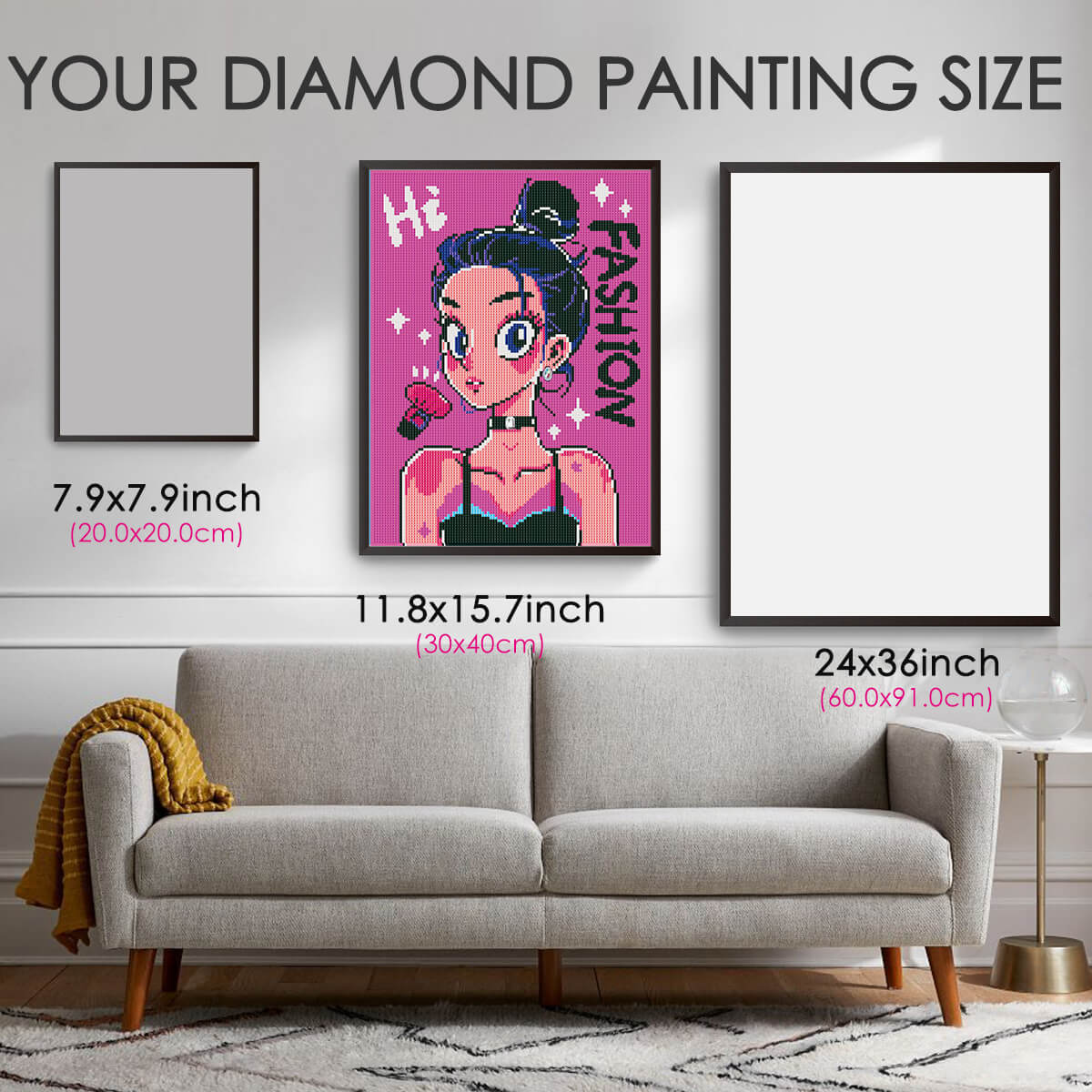 Diamond painting size guide – small to large Hi Girl fashion kit