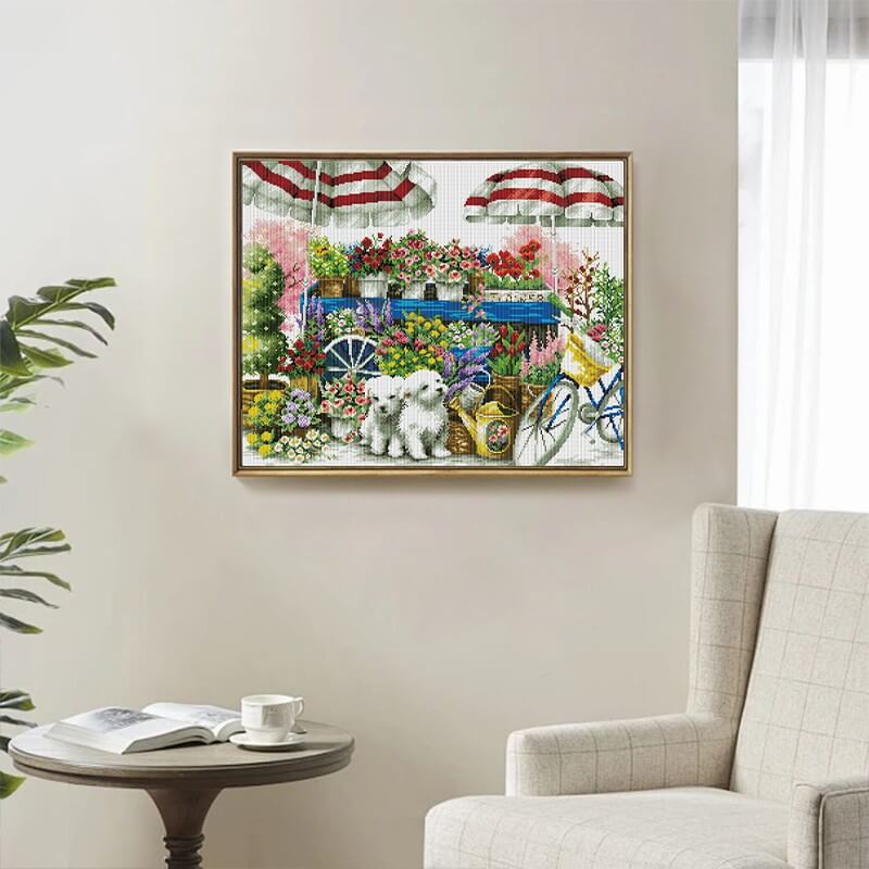 Finished Holiday Flower Market Diamond Painting Kit – Floral scene with puppies | DYC