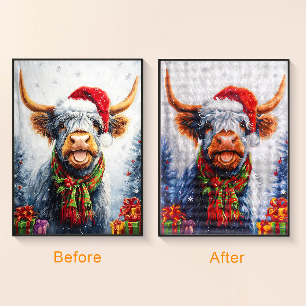 Before and after comparison of Holiday Highland Christmas diamond painting
