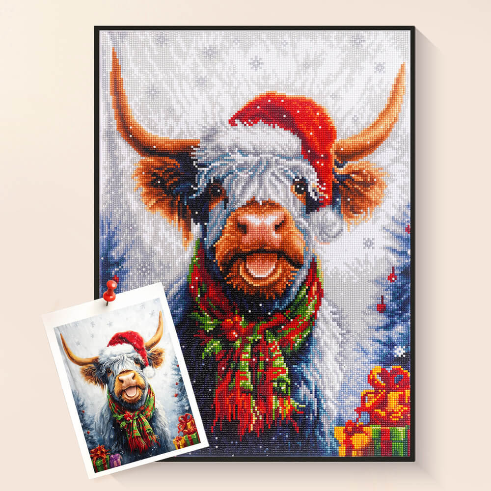 Holiday Highland cow Christmas diamond painting kit with festive scarf and Santa hat