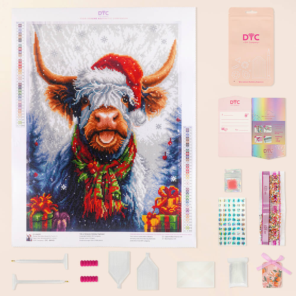 Complete Holiday Highland cow Christmas diamond painting kit with tools and drills