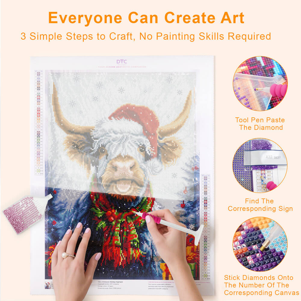 Holiday Highland cow Christmas diamond painting kit step by step drilling process