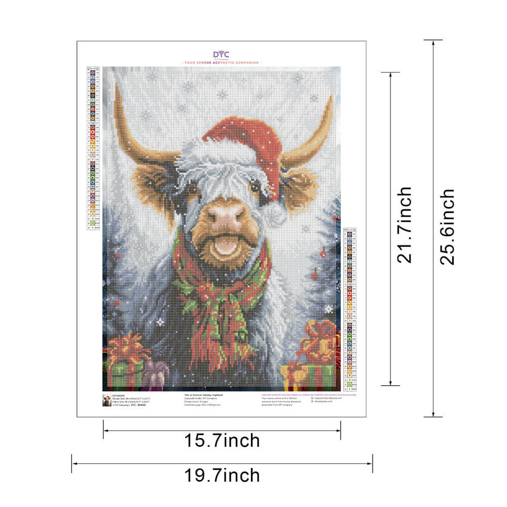 Size guide for Holiday Highland cow Christmas diamond painting kit