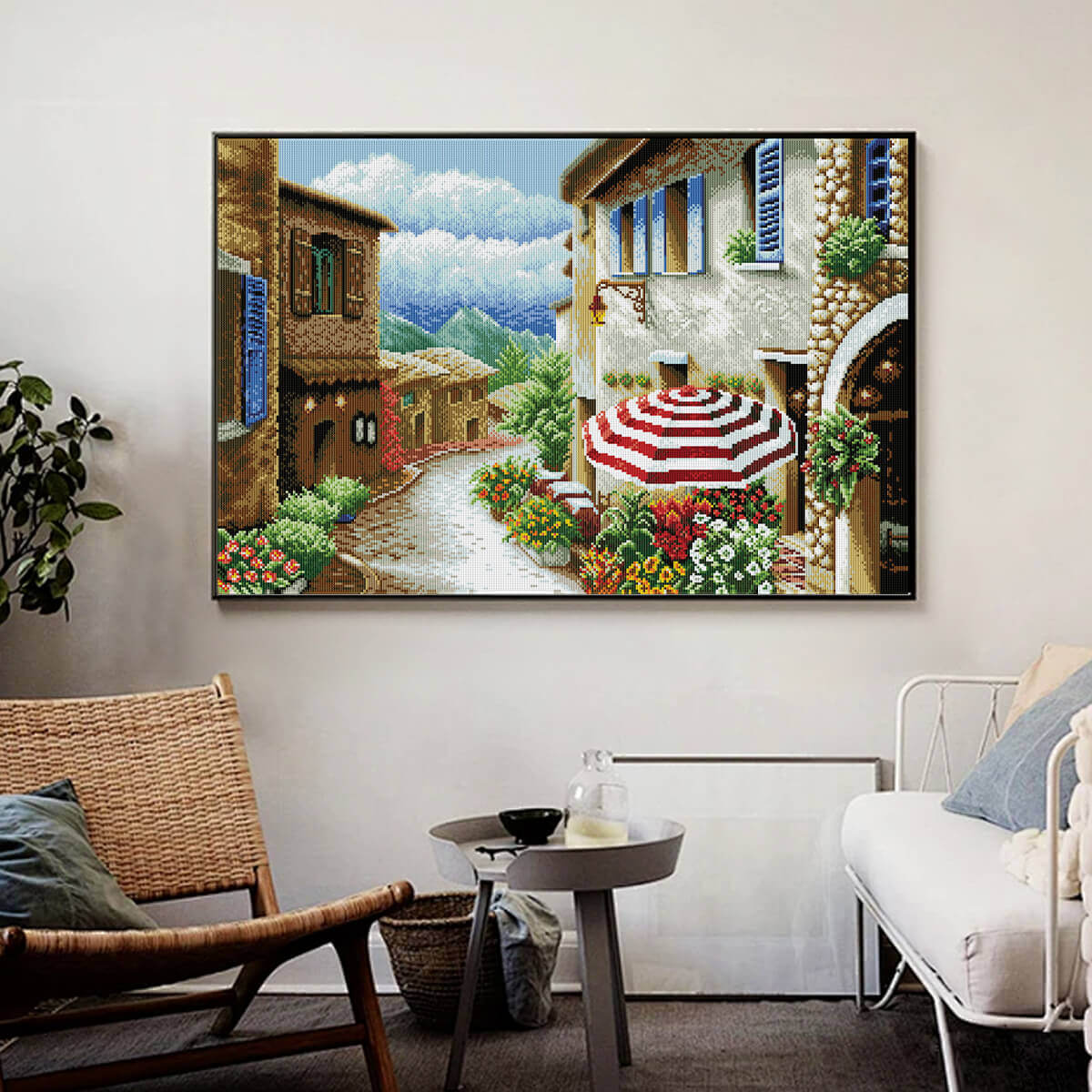 Size chart of Mediterranean diamond painting holiday street café scene