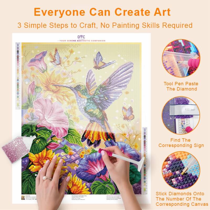 Step-by-step drilling process for Hummingbird diamond painting