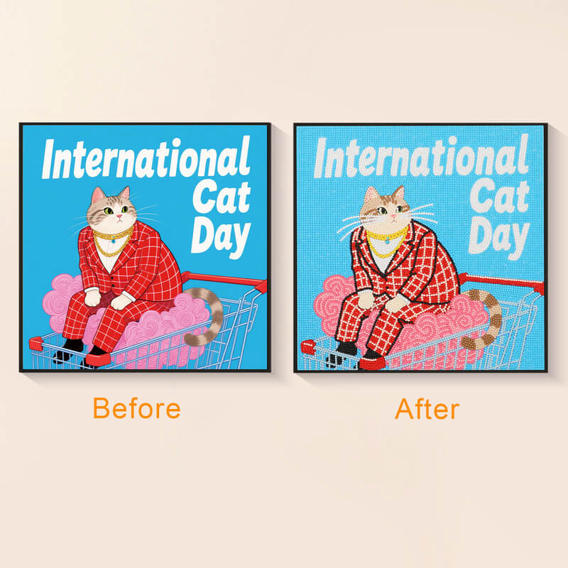 Original photo vs finished International Cat Day cat diamond art – DYC