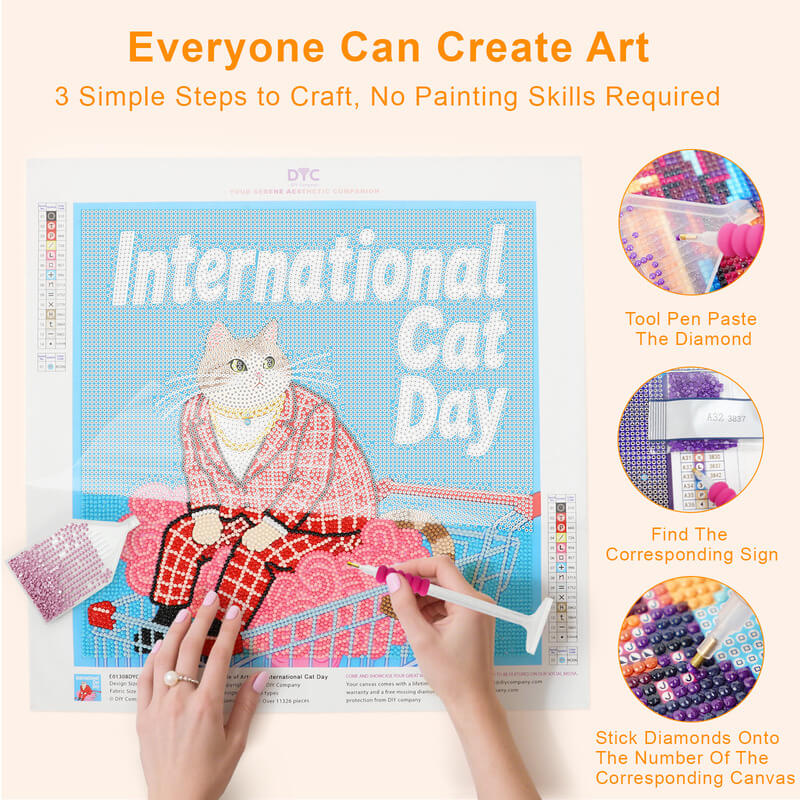 Step-by-step drilling process for International Cat Day cat diamond painting – DYC