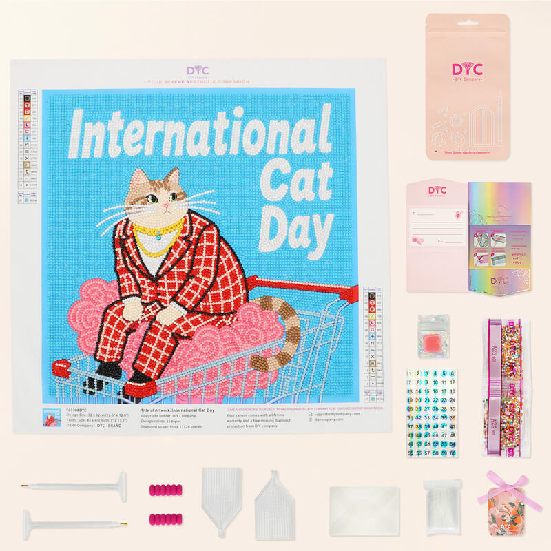 Complete diamond painting kit – International Cat Day funny cat with tools – DYC