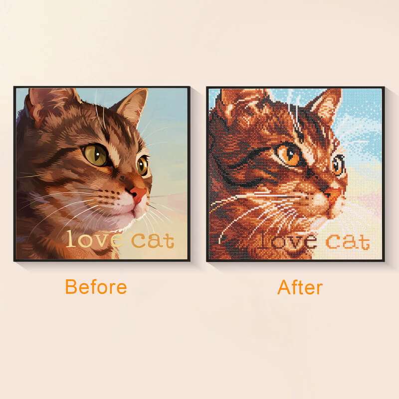 Original photo vs finished Loving cat diamond art – DYC