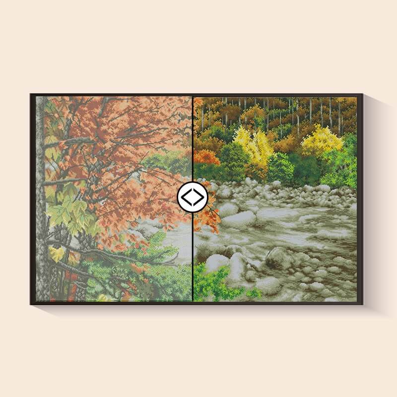 Before and after comparison – Maple Leaf Stream Autumn Diamond Art Kit | DYC