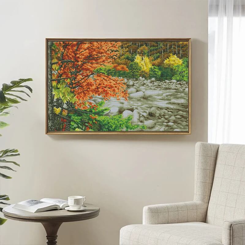 Finished Maple Leaf Stream Diamond Painting Kit – Autumn stream décor | DYC