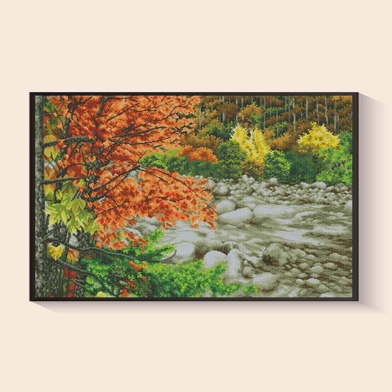 Maple Leaf Stream Diamond Painting Kit – Autumn stream with vibrant leaves | DYC