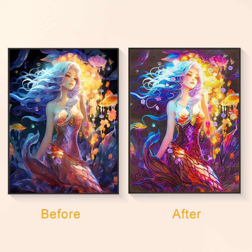Before and after comparison of Mystic Mermaid Glow diamond painting kit