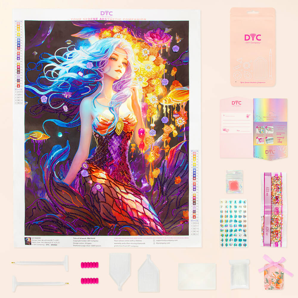 Complete Mystic Mermaid diamond painting kit with tools and drills