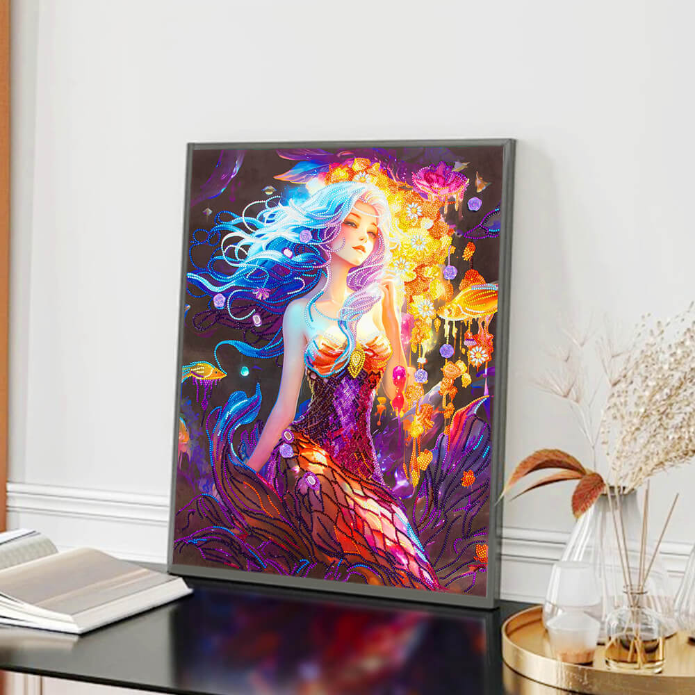Mystic Mermaid diamond art painting framed as wall décor in living room