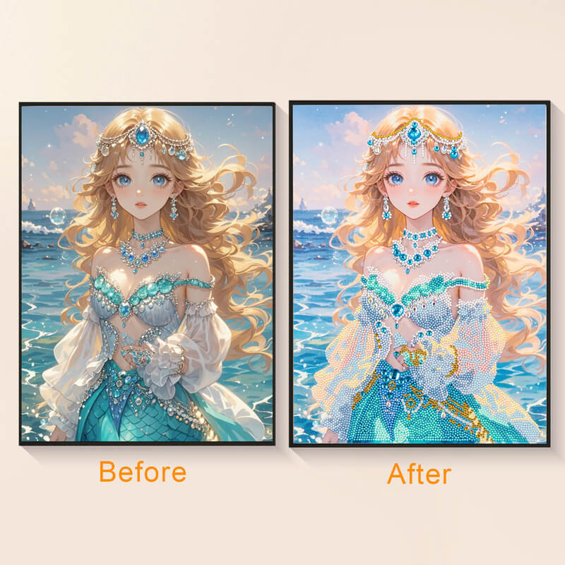 Original photo vs finished Mermaid’s Love diamond art – DYC