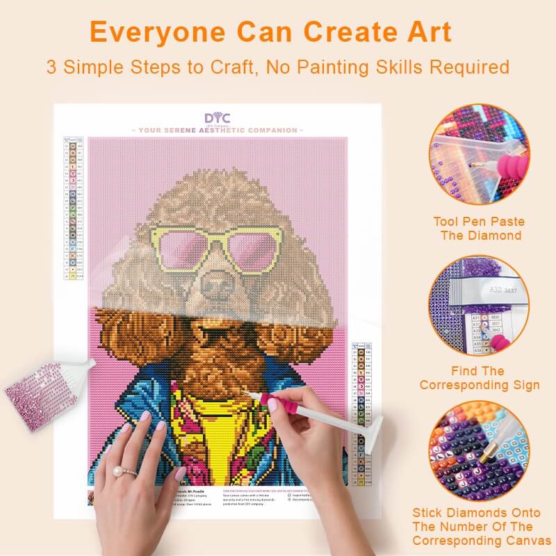 Step-by-step drilling process for Mr. Poodle diamond painting