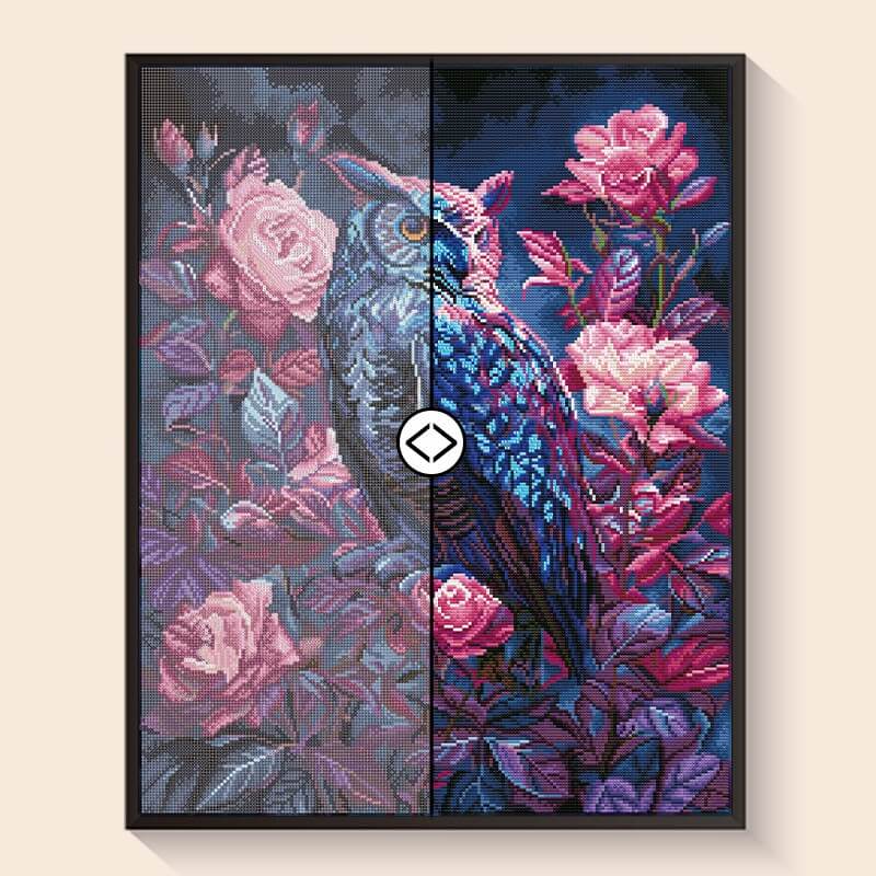 Original photo vs finished Owl diamond art – DYC