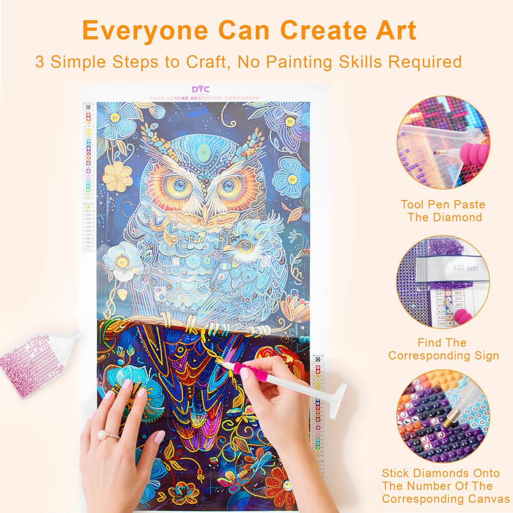 Step by step diamond art process of fantasy owl night painting