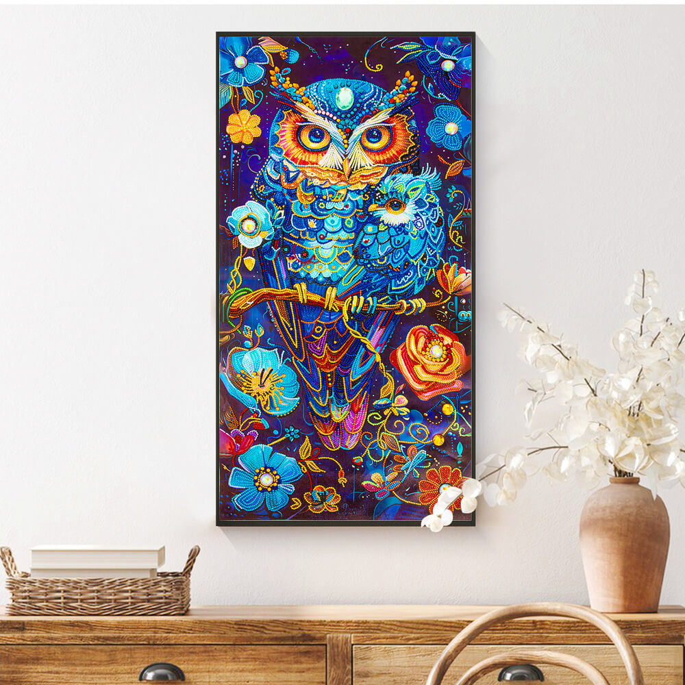 Owl diamond painting framed as mystical fantasy wall décor