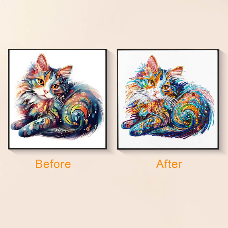 Original photo vs finished Painted Cat diamond art – DYC