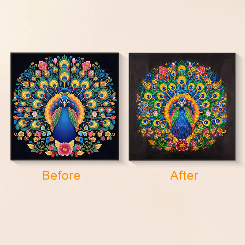 Detailed peacock feather diamond painting close-up – DYC