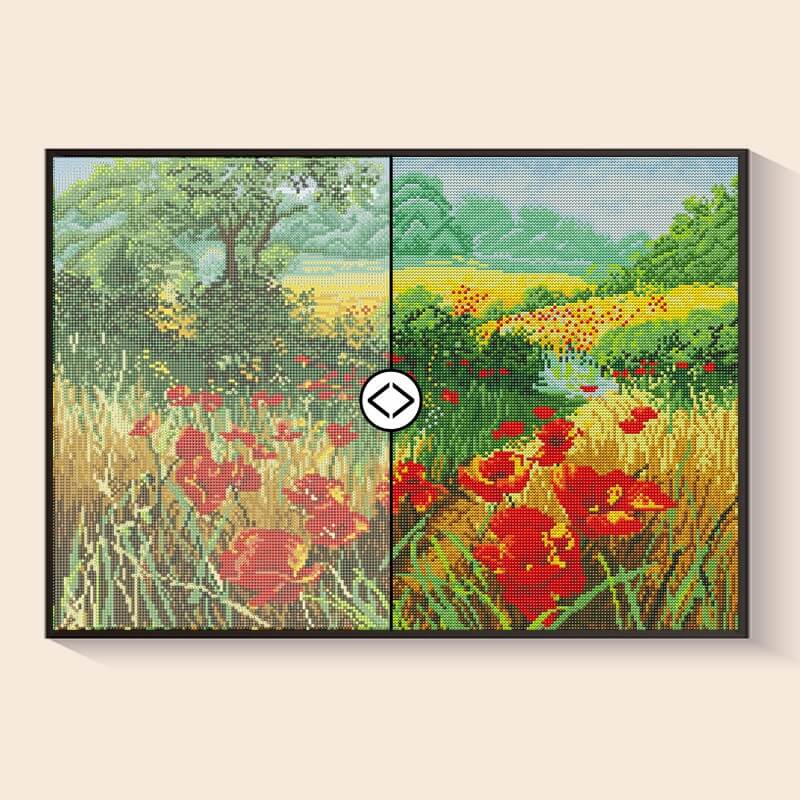 Original photo vs finished Poppy Meadow diamond art – DYC