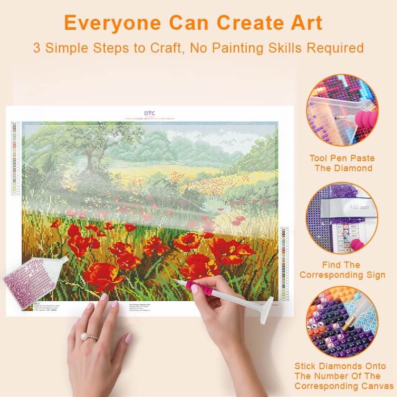 Step-by-step drilling process for Poppy Meadow diamond painting