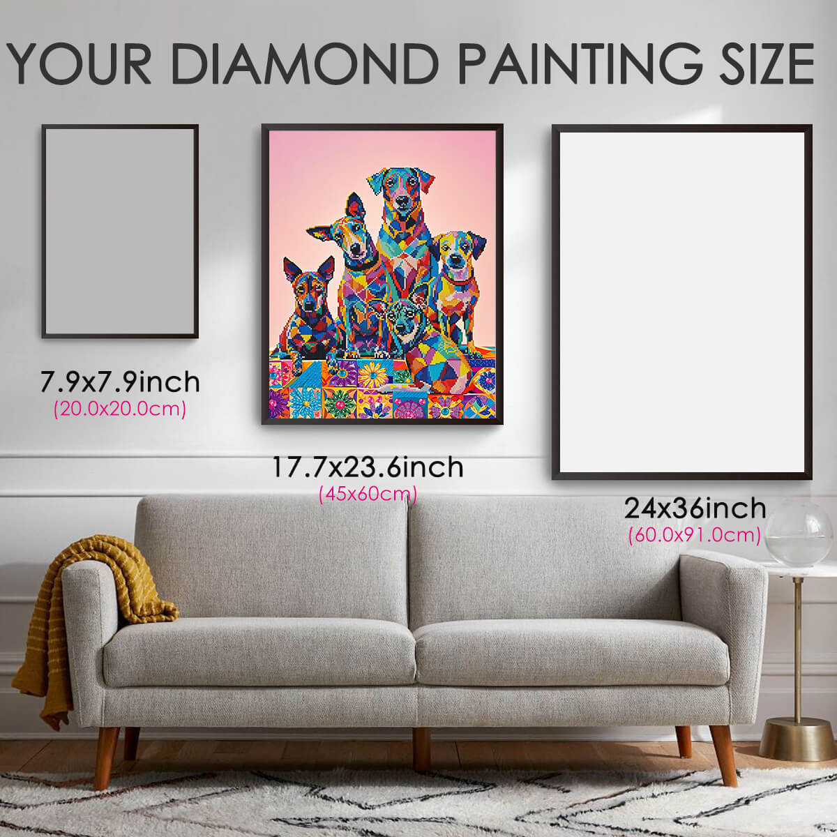 Diamond art size guide for Prism Paws colorful dogs design