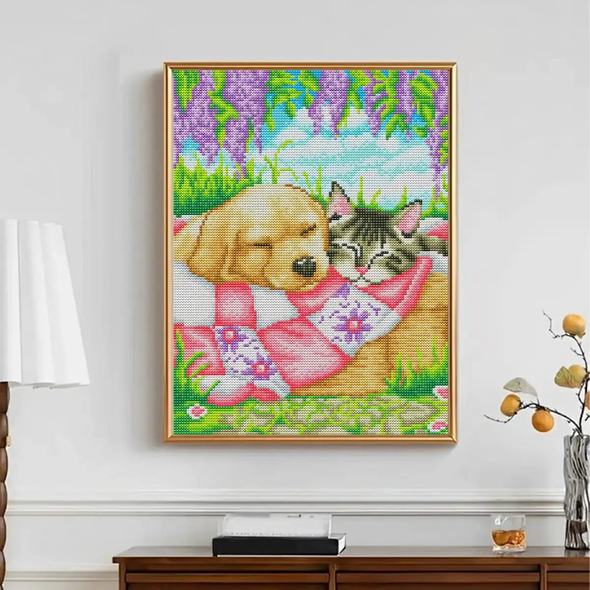Living room wall decor with adorable cat and dog diamond painting – puppy and tabby cat