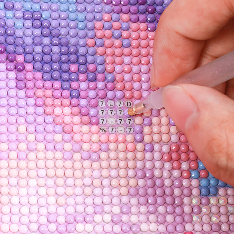 Step-by-step drilling process for purple seaside serenity diamond painting