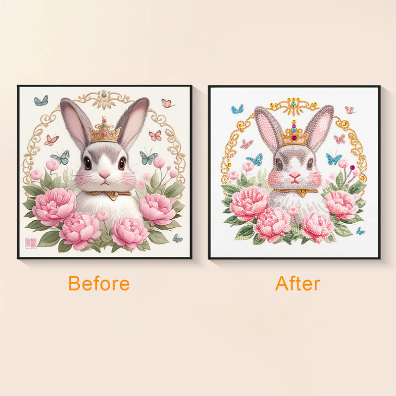 Before and after Rabbit and Flower bunny diamond art kit – DYC