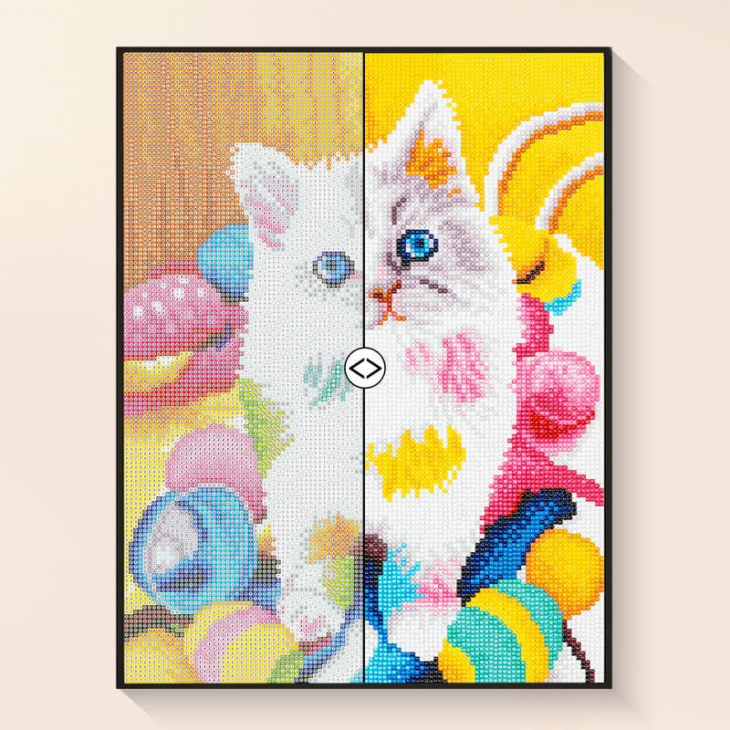 Original photo vs finished Rainbow cat diamond art – DYC