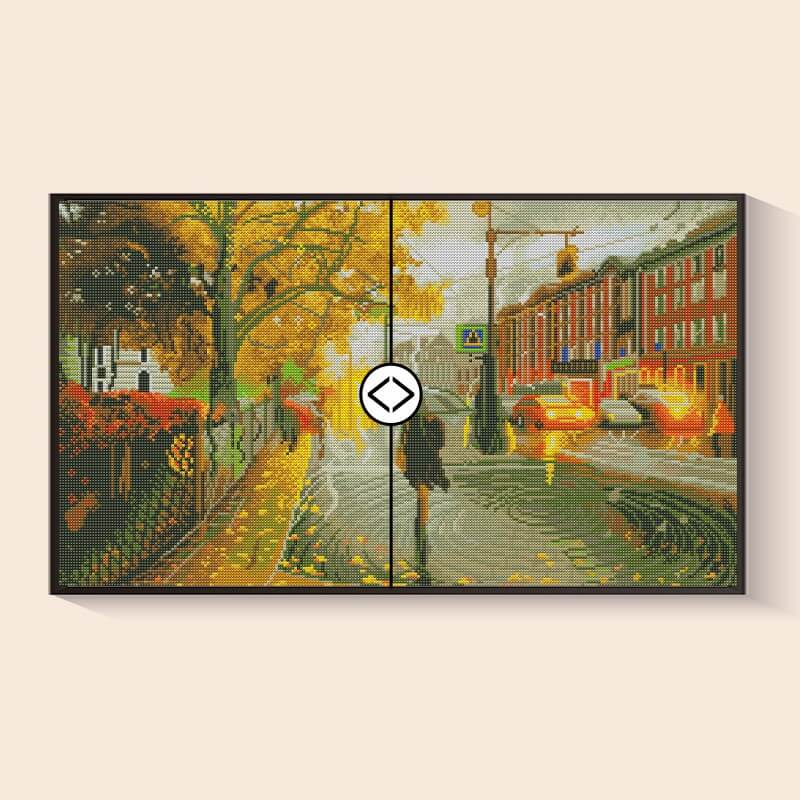 Original photo vs finished Rainy City Street diamond art – DYC