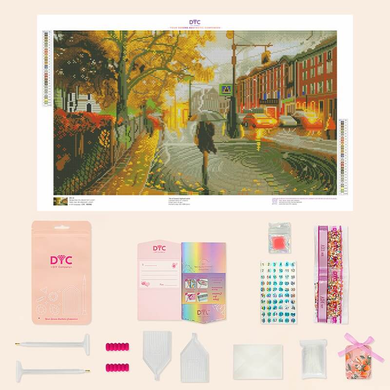 Complete diamond painting kit – Rainy City Street with tools by DYC