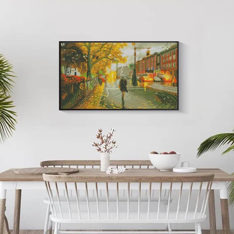 Finished Rainy City Street diamond painting kit result – DYC