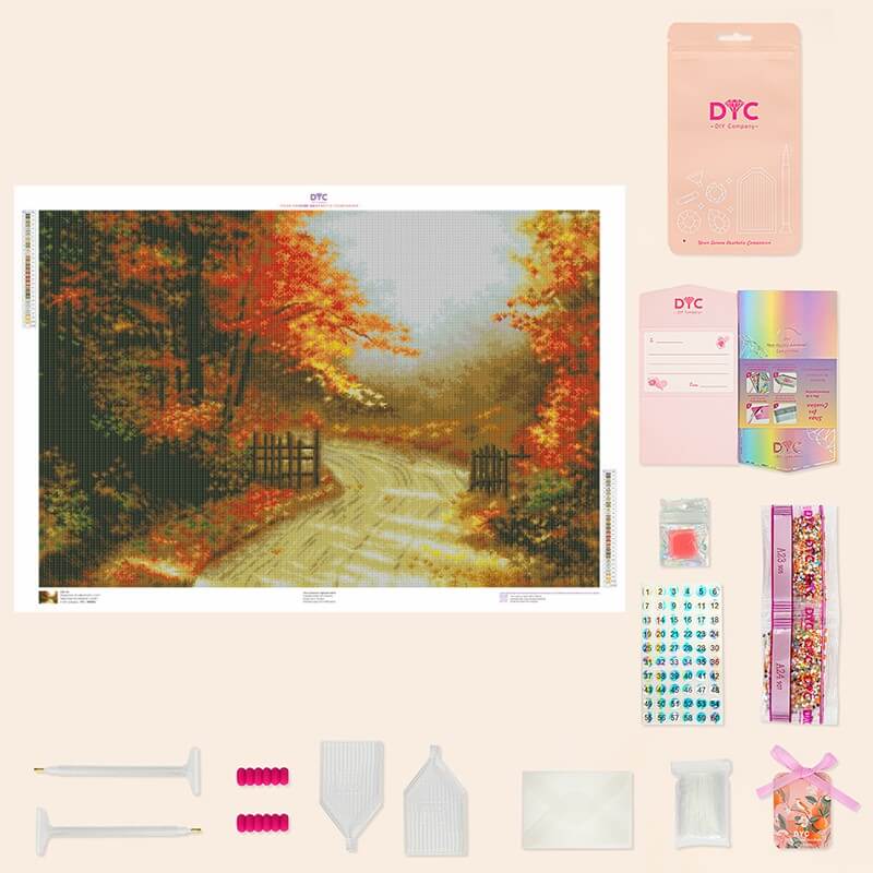 Complete The Road of Golden Autumn Diamond Painting Kit with drills and tools | DYC