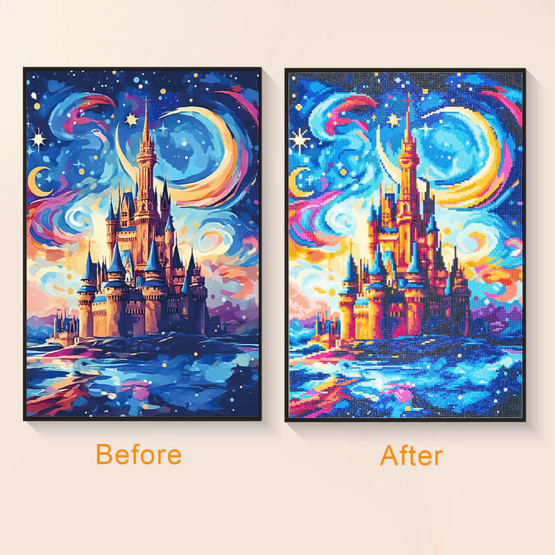 Original photo vs finished Romance Starry Sky castle diamond art – DYC